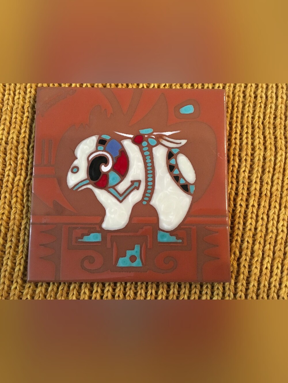 Cleo Teisedre Southwestern White Ram Decorative Tile - Brown & Turquoise Accent